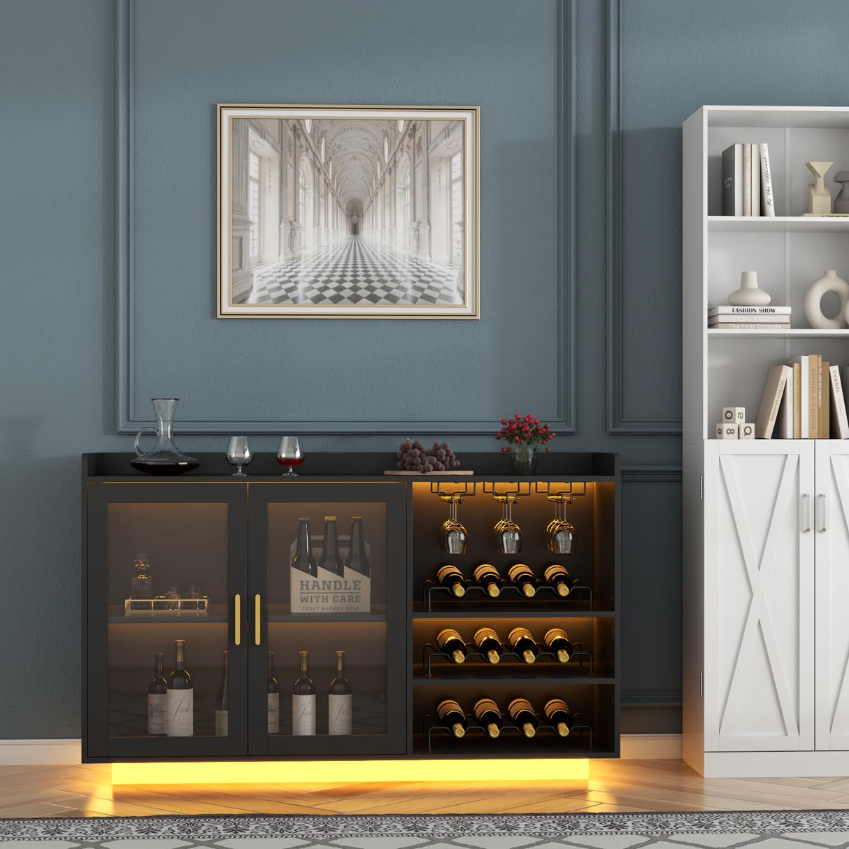 Loomie Wine Bar Cabinet with LED Lights, Floating Coffee Bar with Glass Rack and Removable Wine Racks, Modern Buffet Sideboard with Storage Shelves, Kithchen Bar with Glass Cabinet Doors, Black Loomie