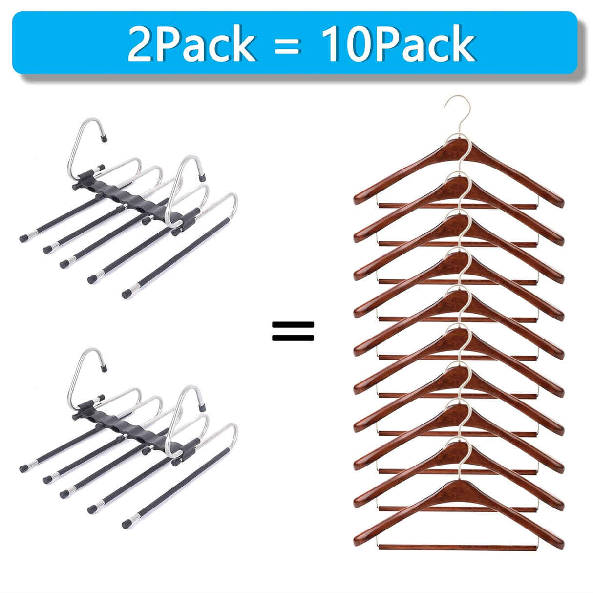Magic Pants Hangers Space Saving - 2 Pack for Closet Multiple Layers Multifunctional Uses Rack Organizer for Trousers Scarves Slack (2 Pack with 10 Metal Clips) FeeraHozer
