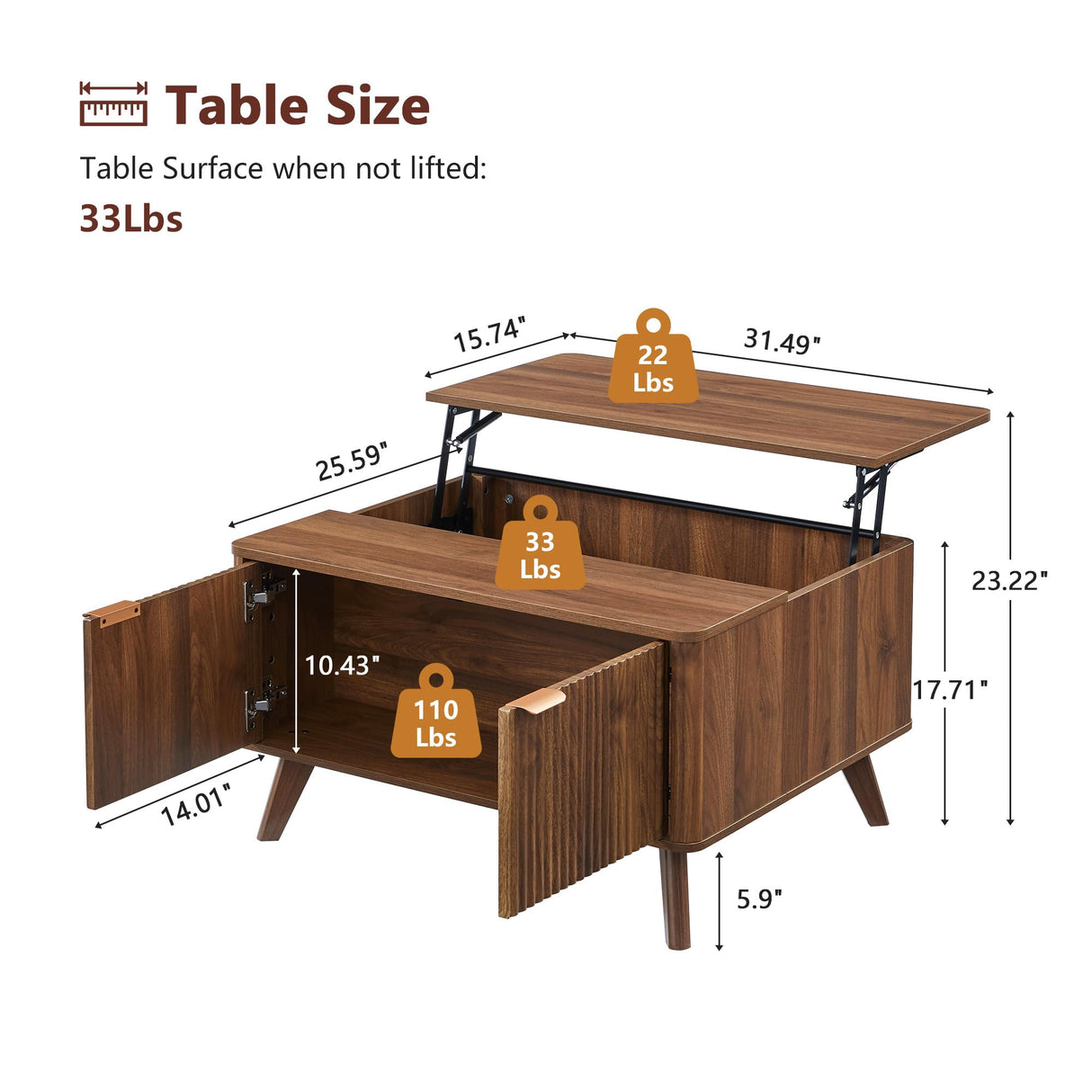 Fluted Lift Top Coffee Table with Large Hidden Compartment, 31.5” Wooden Center Table with Storage, Mid Century Modern Lift Tabletop Coffee Tables for Living Room Home Office, Walnut XUZENEST