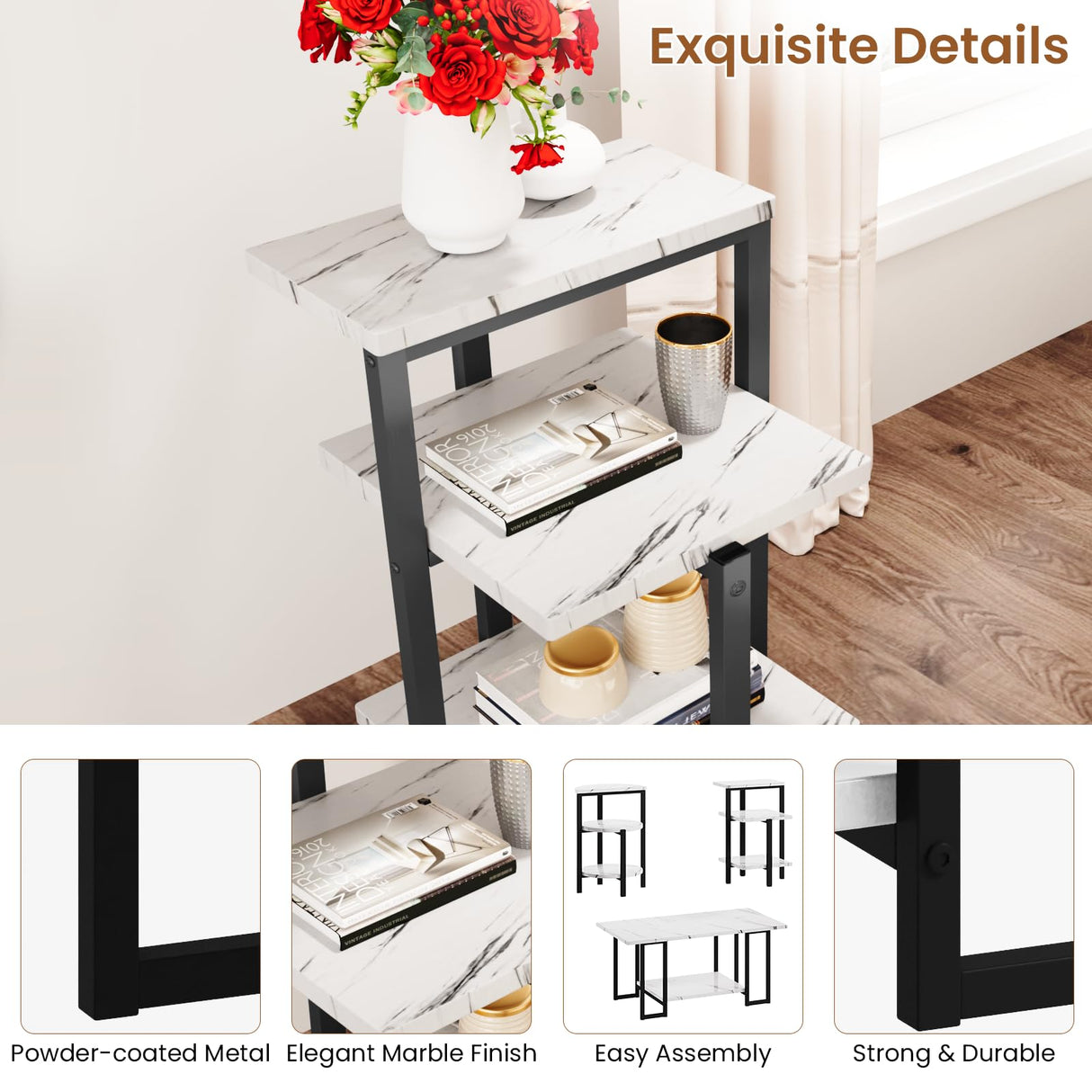 AWQM Faux Marble Table Set,Coffee Table&2 Side Table, Faux Marble Tabletop and Metal Frame,3 Piece Table Sets, for Living Room Apartment,White & Black AWQM