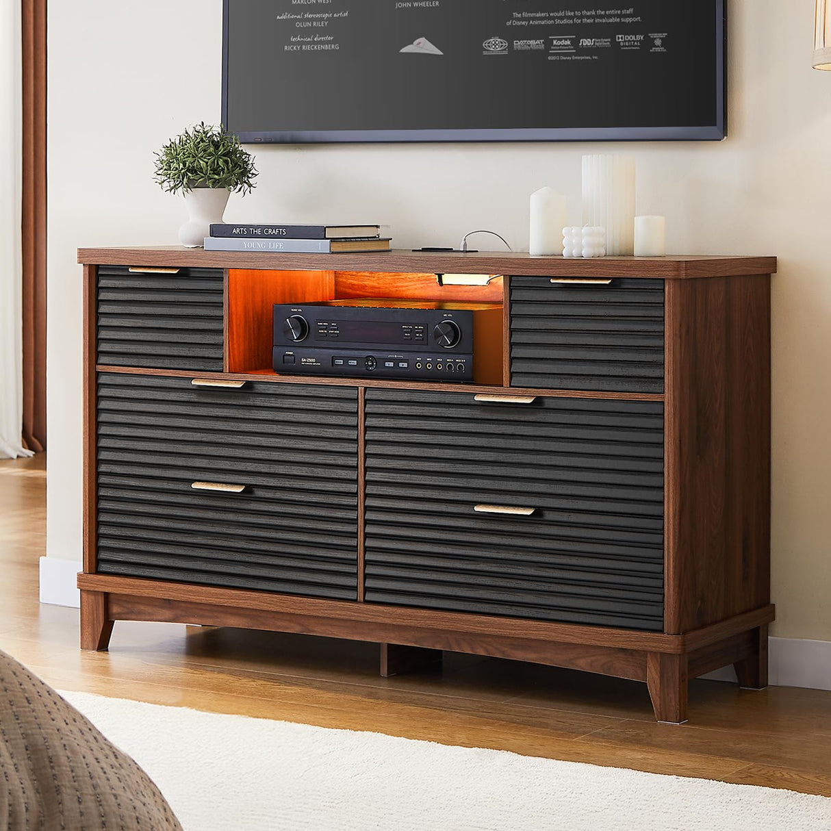 AOGLLATI Black Dresser for Bedroom with Slanted Louvre Design,Retro Chest of Drawers with Charging Station, Wooden Wide Led 6 Drawer Dresser for Bedroom,Living Room, Hallway, Black & Brown AOGLLATI