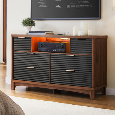 AOGLLATI Black Dresser for Bedroom with Slanted Louvre Design,Retro Chest of Drawers with Charging Station, Wooden Wide Led 6 Drawer Dresser for Bedroom,Living Room, Hallway, Black & Brown