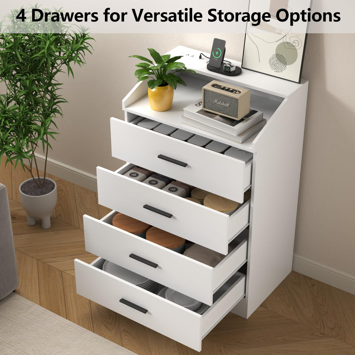 Gyfimoie 4 Drawers Dresser with Power Outlet, Chest of Drawers with LED Light, White Dresser Organizer with Open Storage Cubby, Modern Nightshatnd for Bedroom, Living Room, Entryway, Hallway Gyfimoie