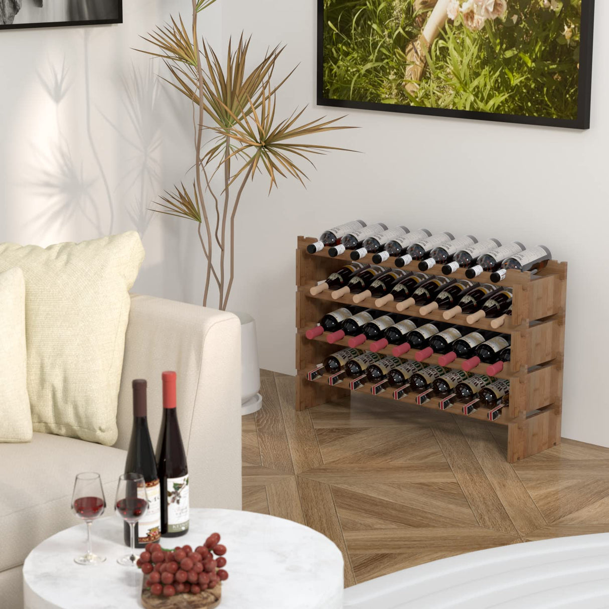 Domax Wine Rack Freestanding Floor - 4 Tiers Stackable Wine Rack 36 Bottle Wine Bottle Holder, Bamboo Wine Holder Wine Storage for Kitchen, Bar, Pantry, Wine Cellar and Countertop (Walnut) Domax