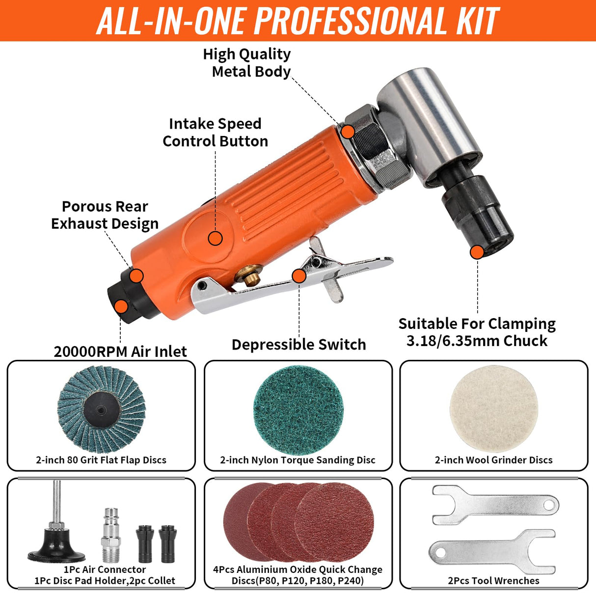 Baisiky 1/4" Mini Air Die Grinder Kit Right Angle 90 Degree Pneumatic Sander 20,000RPM High Speed with 1/4"(6MM) and 1/8"(3MM) Collets for Grinding, Polishing and More Baisiky