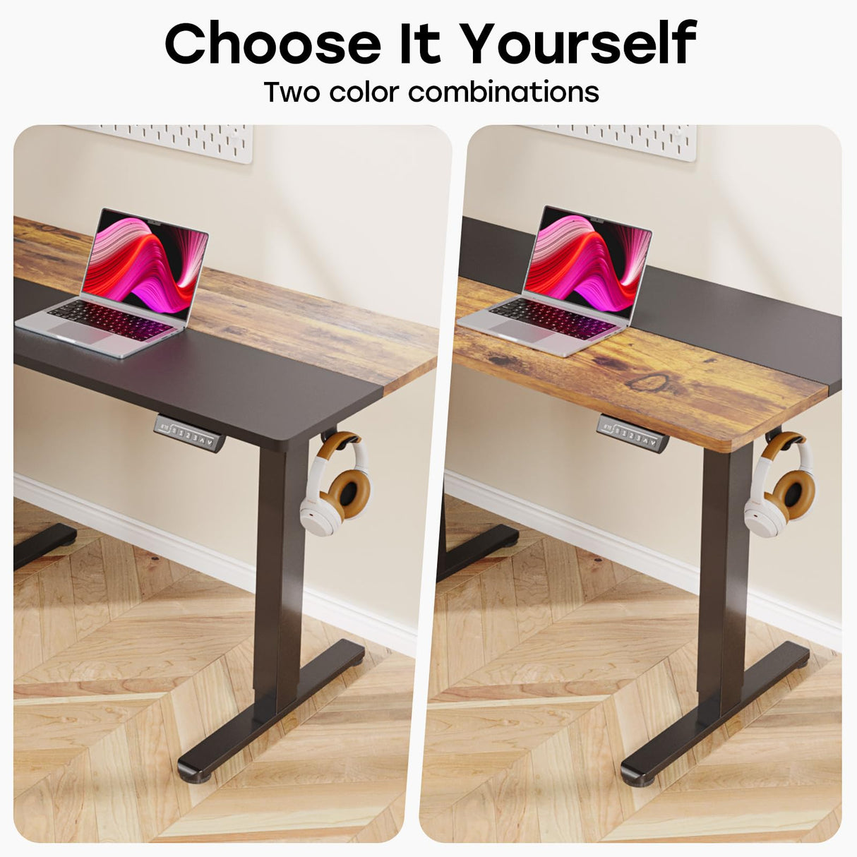 JYLH JOYSEEKER Electric Standing Desk, 48 X 24 Inch Adjustable Height Table, Sit Stand Desk with 2 Hooks, Ergonomic Rising Desk with Splice Board,Black & Rustic Brown JYLH JOYSEEKER