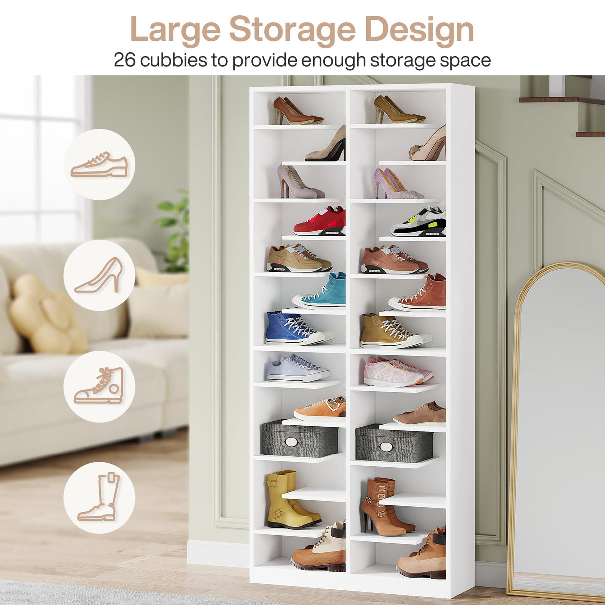 Tribesigns 13-Tier Shoe Storage Cabinet, Tall Wooden Shoe Rack with 26 Cubbies, Freestanding Shoe Storage Organizer for Entryway, Closet, Living Room, White Tribesigns