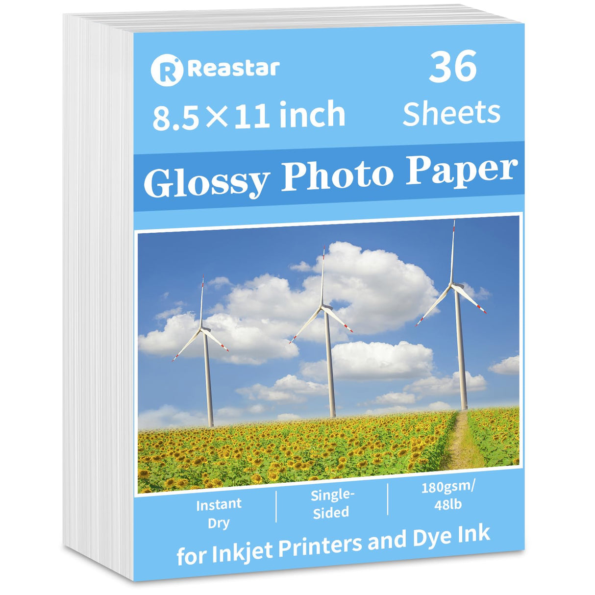 Reastar Glossy Photo Paper 8.5 x 11, 36 Sheets Inkjet Photo Printer Paper, Instant Dry Picture Paper for DIY Chip Bag, Flyers, Cards, Calendars and Brochures(180gsm/48lb) Reastar