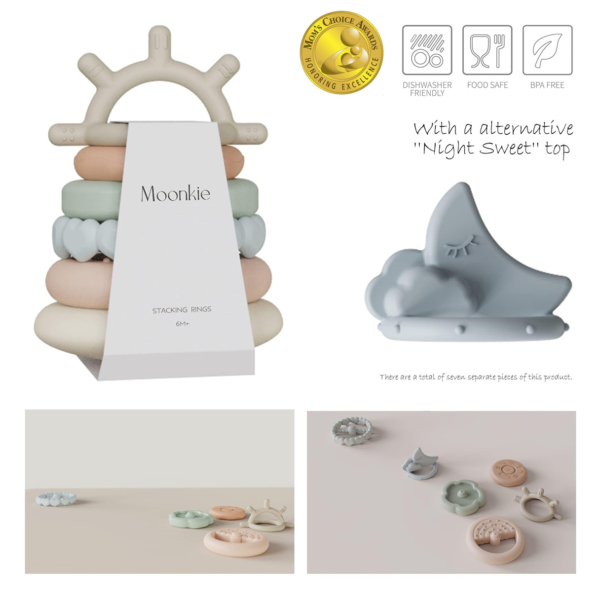 Moonkie Stacks of Circles Soft Teething Toy | Educational Learning Baby Toy | Stacking Ring Toys for Babies Boy and Girl | 7 Piece Teethers Set Moonkie