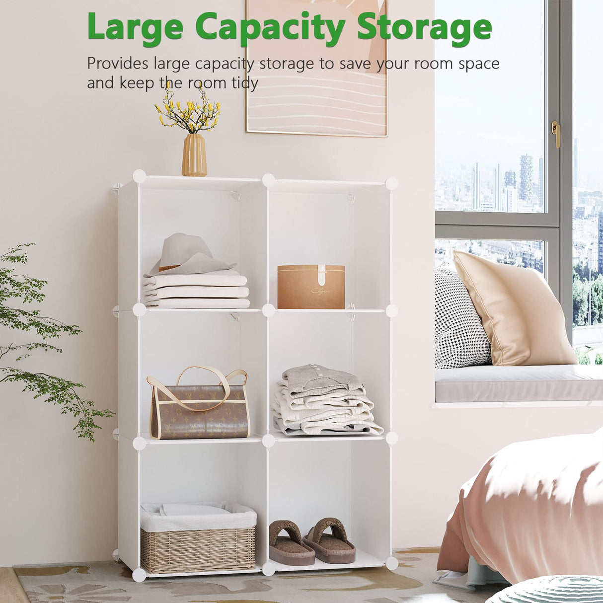 C&AHOME 6-Cube Storage Organizer, Stackable Storage Cubes Shelves, Portable Bookshelf, Plastic Clothing Storage Closet Organizer, DIY Modular Shelving Units for Wardrobe, Home, Milky C&AHOME