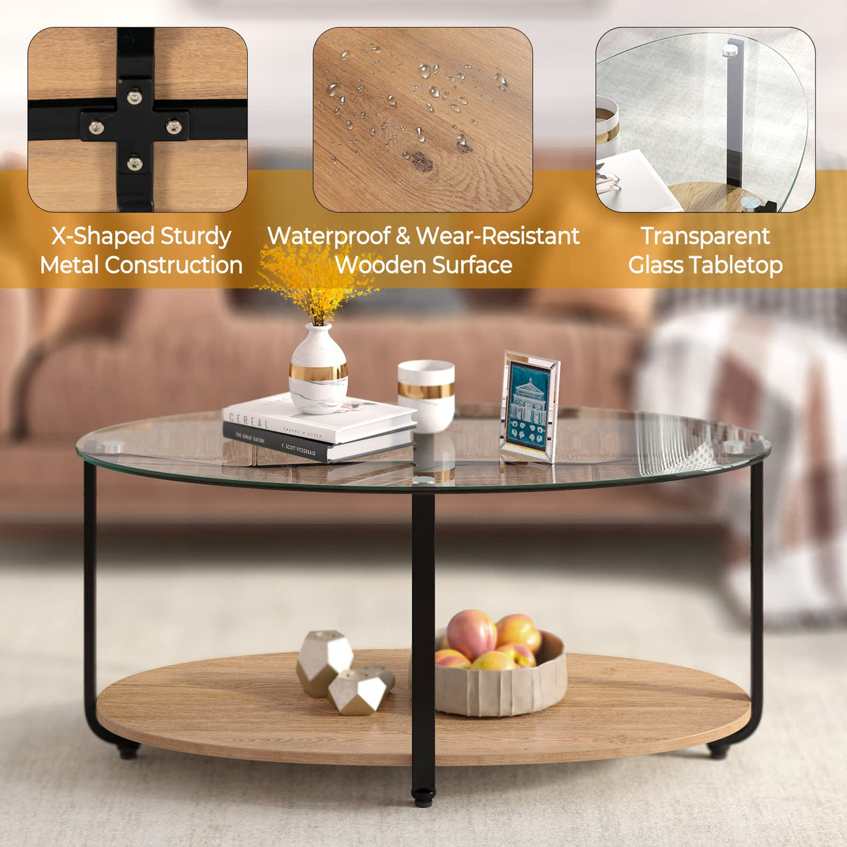 Tangkula Glass Coffee Table, 2 Tier Oval Tea Table with Tempered Glass Tabletop and Wooden Shelf, Modern Glass Sofa Center Table for Home Office, Metal Legs, Home Decor Accent Cocktail Table Tangkula