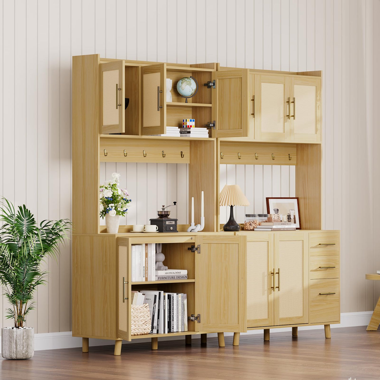 Garvee Rattan Pantry Cabinet, 71" Kitchen Pantry with Microwave Stand, Freestanding Hutch with Drawers, Doors and Hooks, Boho Storage Cabinet for Dining Room, Kitchen, Living Room, Natural Garvee