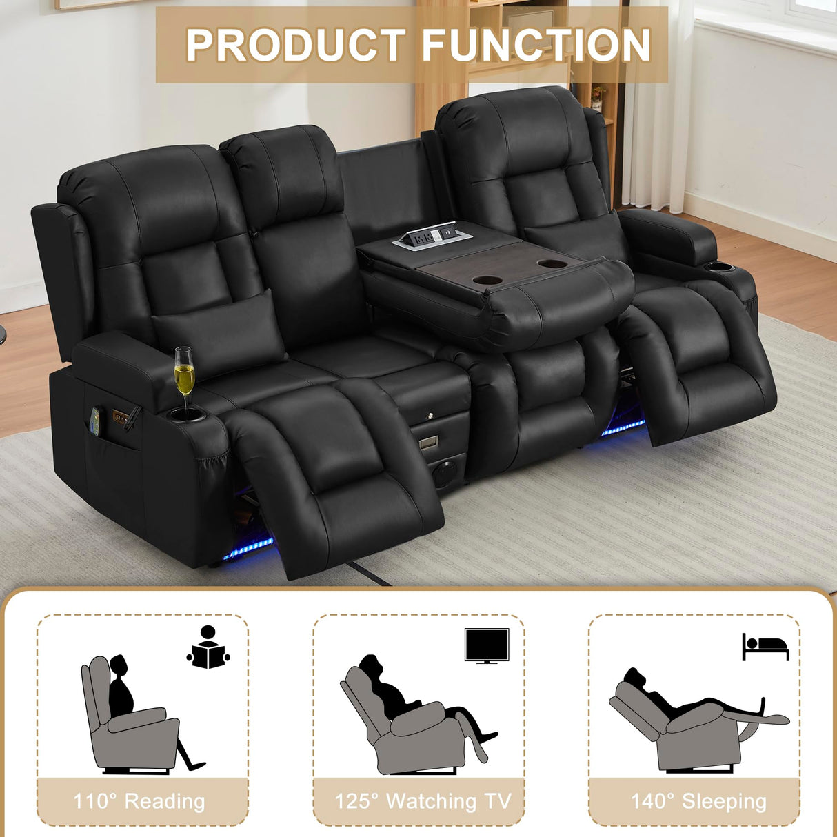 URRED Loveseat Recliner Sofa with Massage and Heat, Power Reclining Loveseat Sofa RV Couch with Console and Middle Seat, 3-Seater Home Theater Seating with LED Lights, Faux Leather, Black URRED