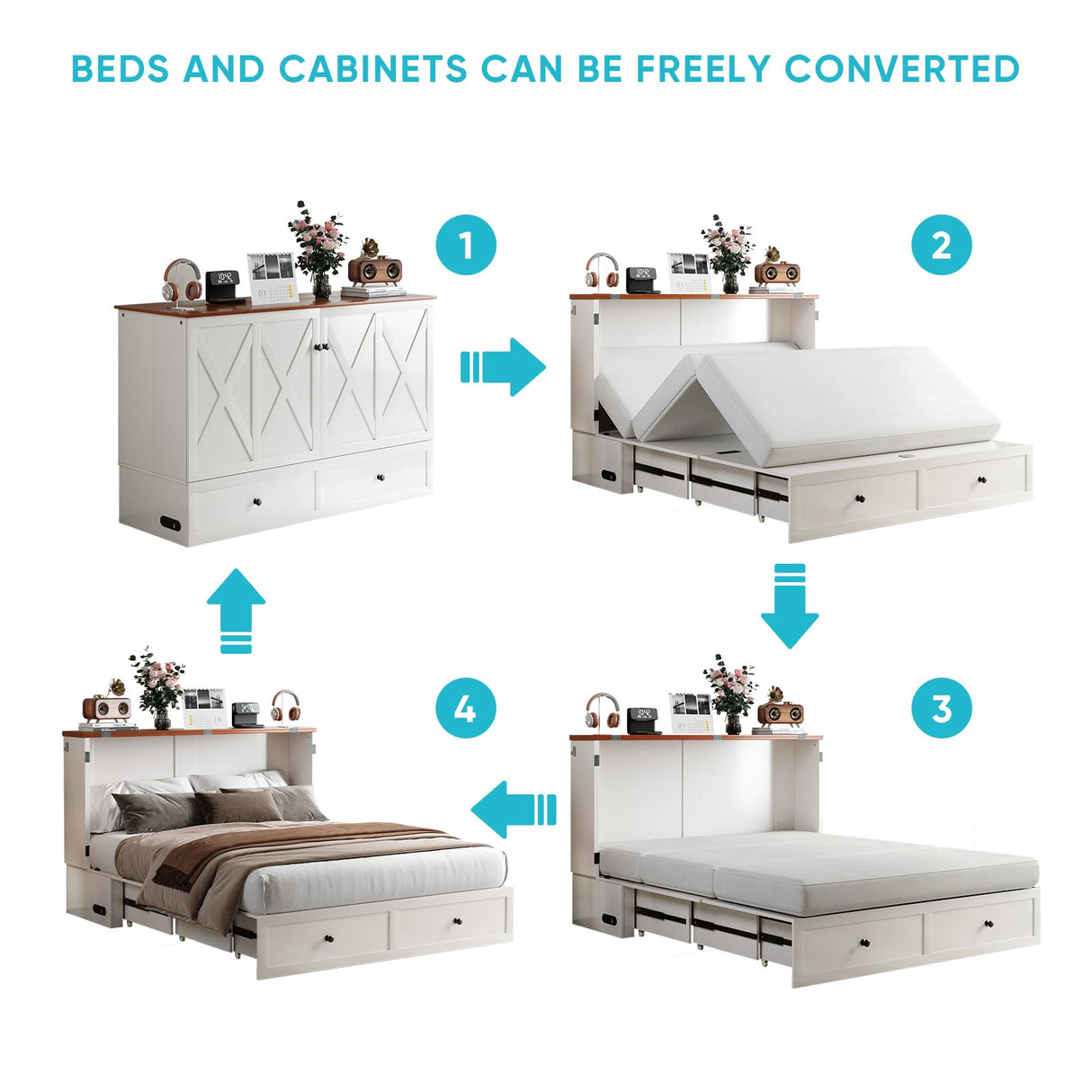 CECER Full Size Solid Wood Murphy Bed with Tri-Folding Mattress,Murphy Bed with Charging Station and Large Storage Drawer for Small Spaces/Bedroom/Guest Room-(White) CECER