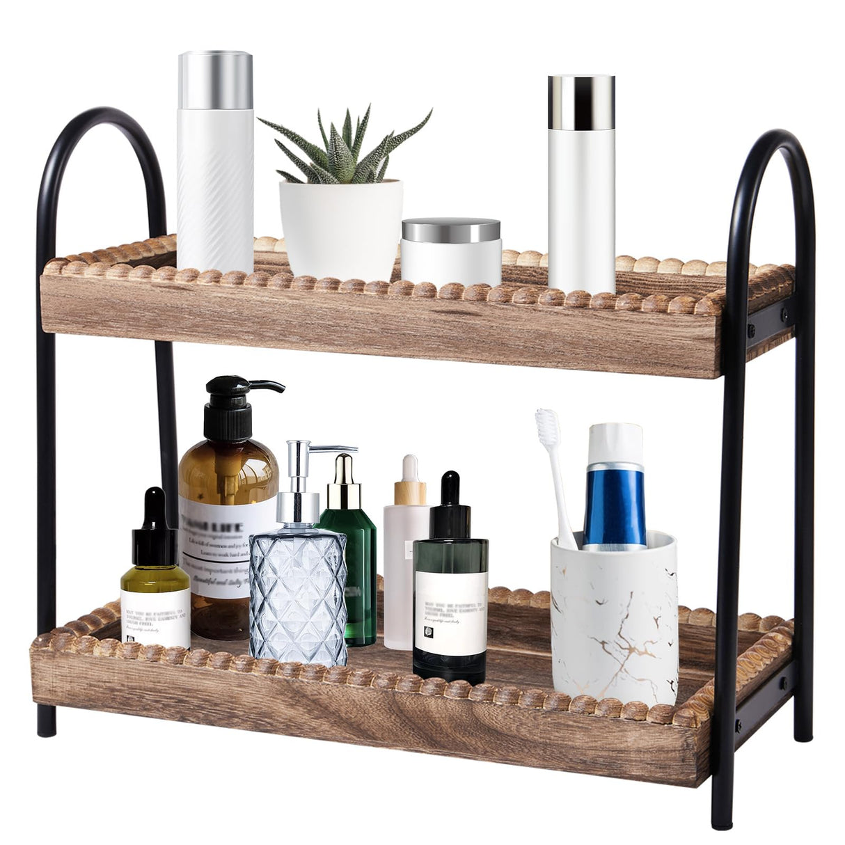 BDBDYEAY Bathroom Countertop Organizer, 2 Tier Vanity Organizer and Storage for Cosmetic Skincare Perfume, Wood Bead Storage Shelf for Bathroom Kitchen Coffee Station BDBDYEAY