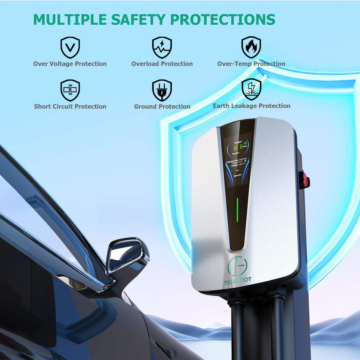 TELGEOOT Level 2 EV Charger 48Amp, Indoor/Outdoor Electric Car Charger EVSE SAE J1772, NEMA 14-50 Plug, 25ft Cable, Start Charge Timer, WiFi Enabled TELGEOOT