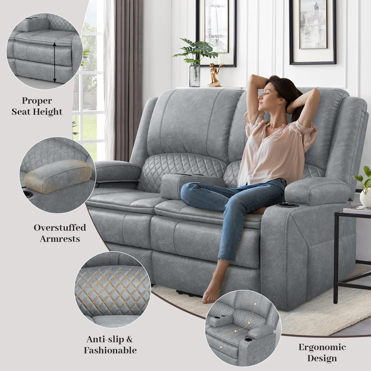 Yolsali Loveseat Recliner Sofa, Manual Reclining Loveseat with Removable Armrest, PU Leather Double Recliner for RV with 2-Tier Cushions, USB Charging Ports, Cup Holders - Gray, PU Yolsali