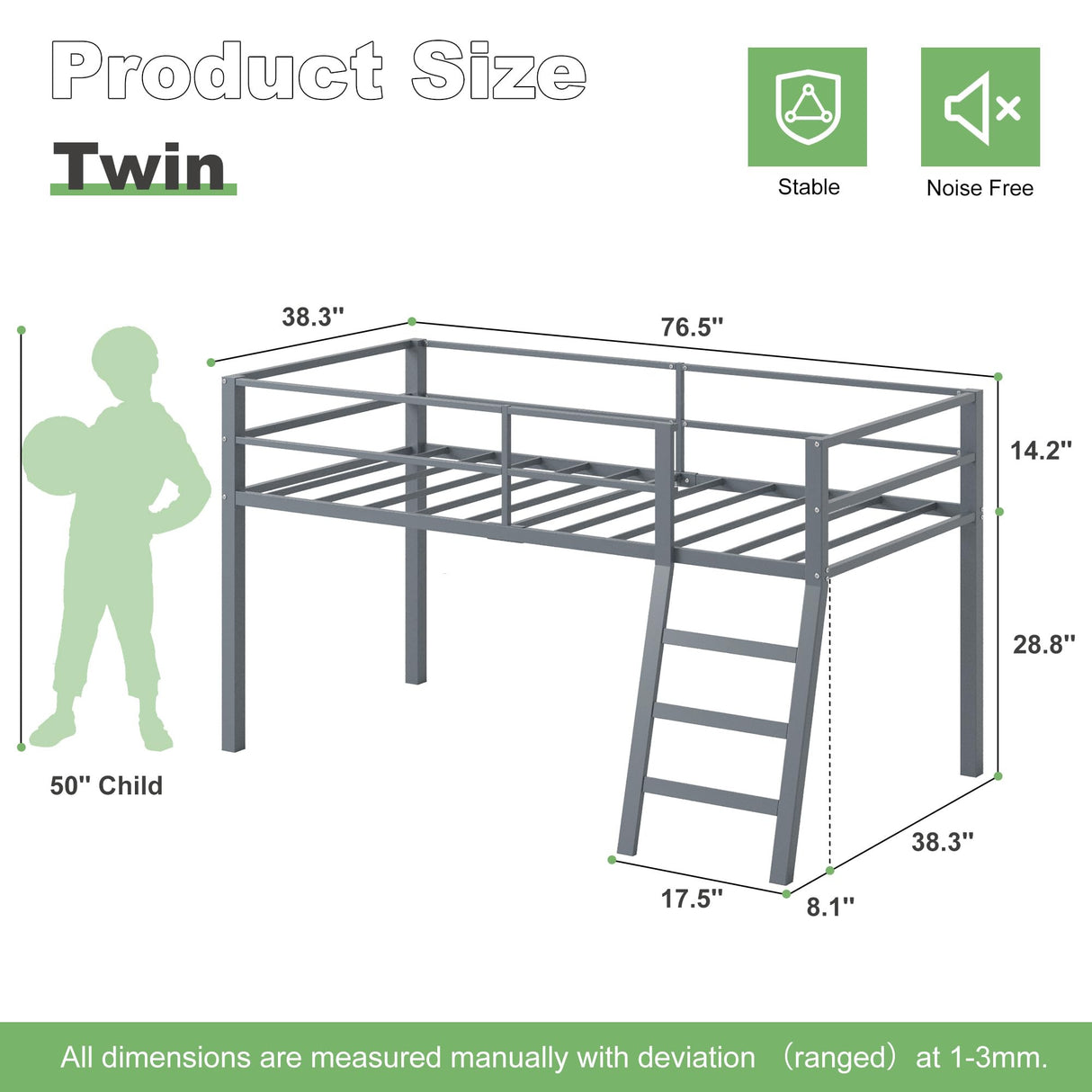 Lutown-Teen Low Metal Twin Loft Bed with Ladder and Guardrail for Kids or Teens, Space Saving Loft Bed Twin Size for Small Bedroom, Grey Lutown-Teen