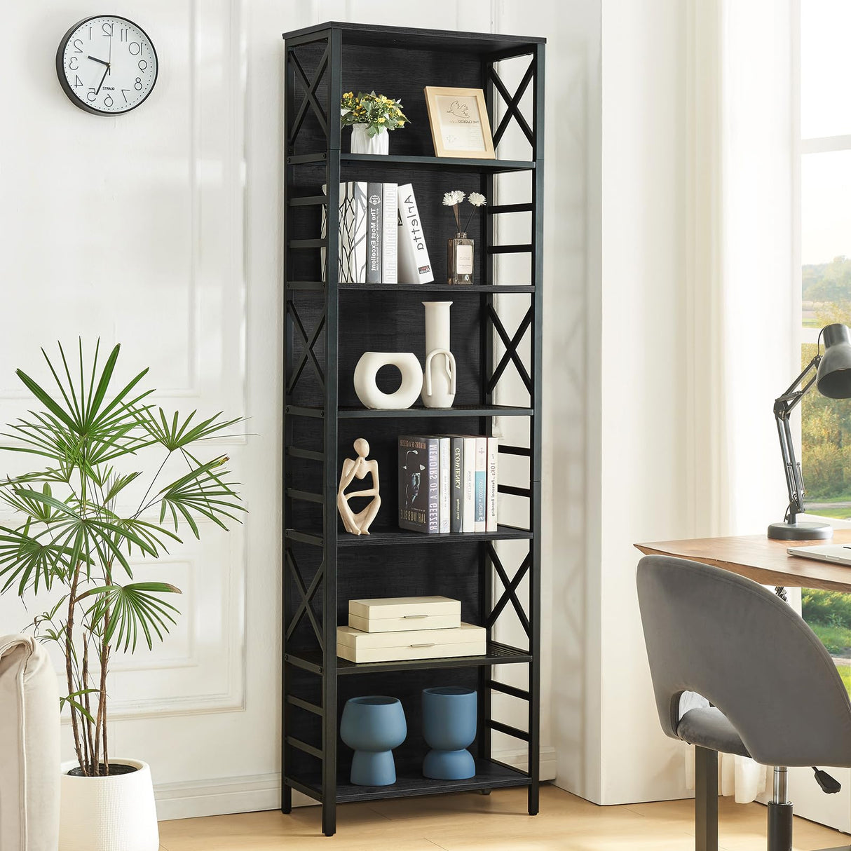 HOMBAZAAR 7 Tier Bookshelf, 78 Inch Tall Rustic Bookshelf with Metal Frame, Industrial Heavy Duty Bookshelves and Bookcases, Open Book Shelf for Office, Living Room and Library, Black HOMBAZAAR