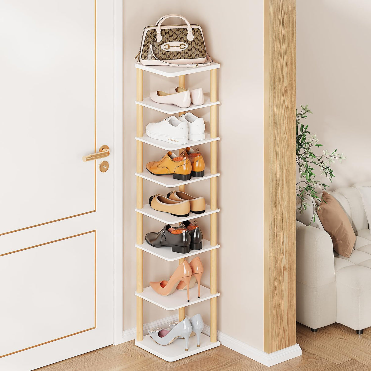 LUCKNOCK Vertical Shoe Rack, 8-Tier Tall Narrow Shoe Organizer for Entryway, Closet, Dorm & Small Spaces, Freestanding White Wooden Shoe Shelf Tower for Boots, Sneakers, Heels. LUCKNOCK