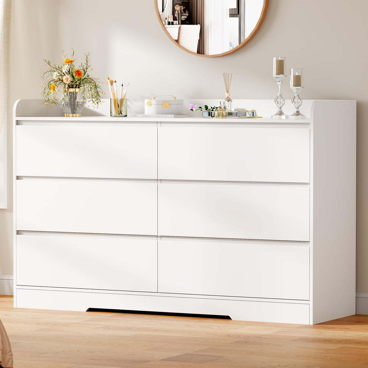 BEWISHOME White Dresser for Bedroom, 6 Drawer Dresser Chest of Drawers, Wood Dressers for Closet, Wide Modern Dressers with Fence for Living Room, Hallway, Entryway, TV Stand, White KCG04W BEWISHOME