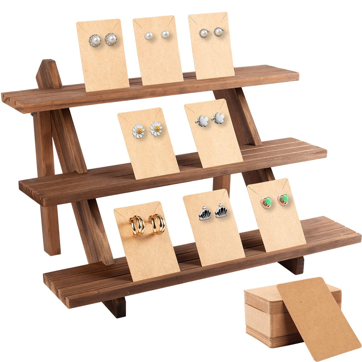 ZYP 51pcs 3-Tier Wood Earring Display Stand, Retail Jewelry Card Stand with Groove + 50 Cards Portable Ring Organizer Holder Showcase Racks for Business Home Using ZYP
