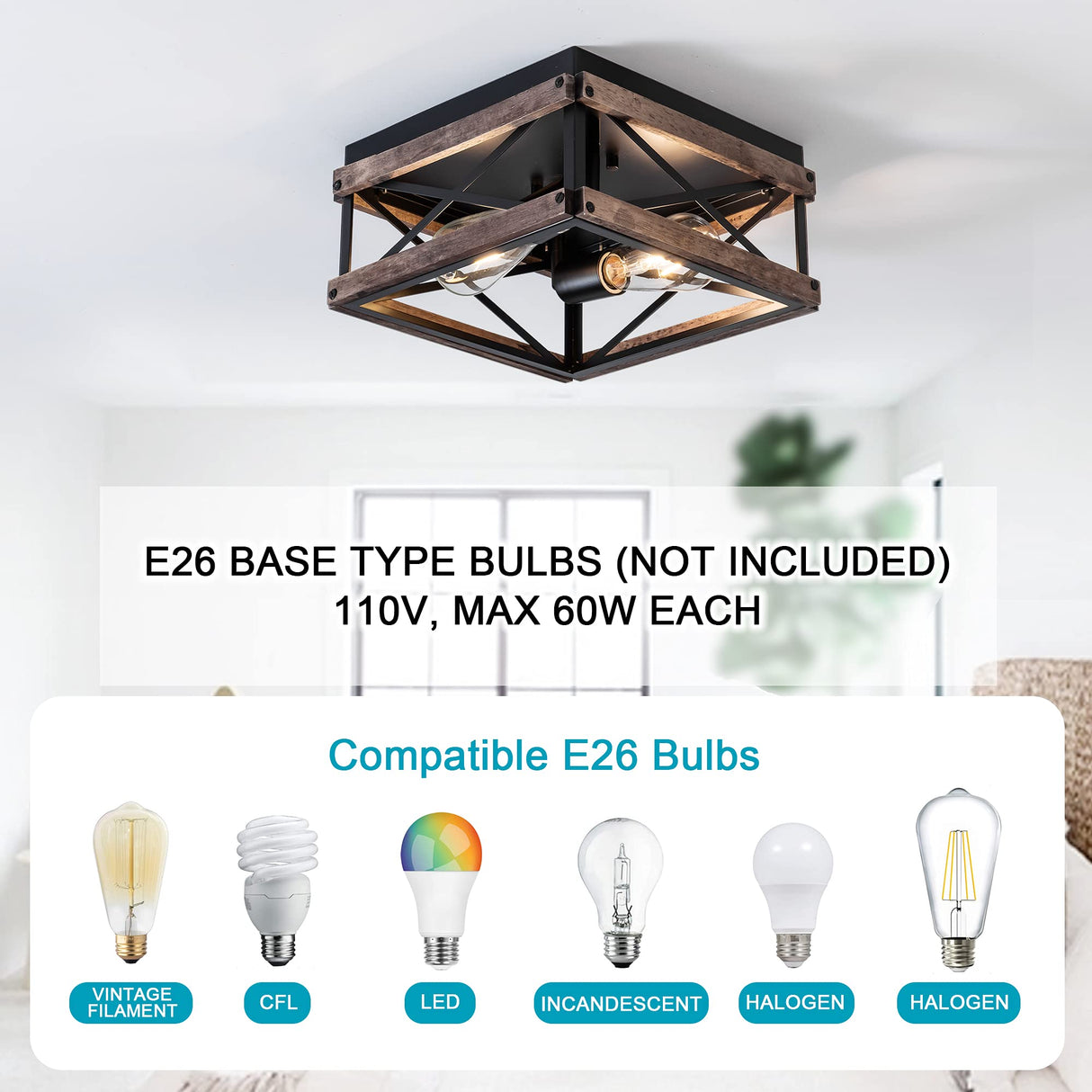 Mayful Flush Mount Light Fixture, 2-Light Rustic Ceiling Light Combine with Metal and Wood Frame, Farmhouse Ceiling Light for Kitchen Hallway Entryway Bedroom Porch Living Room Mayful