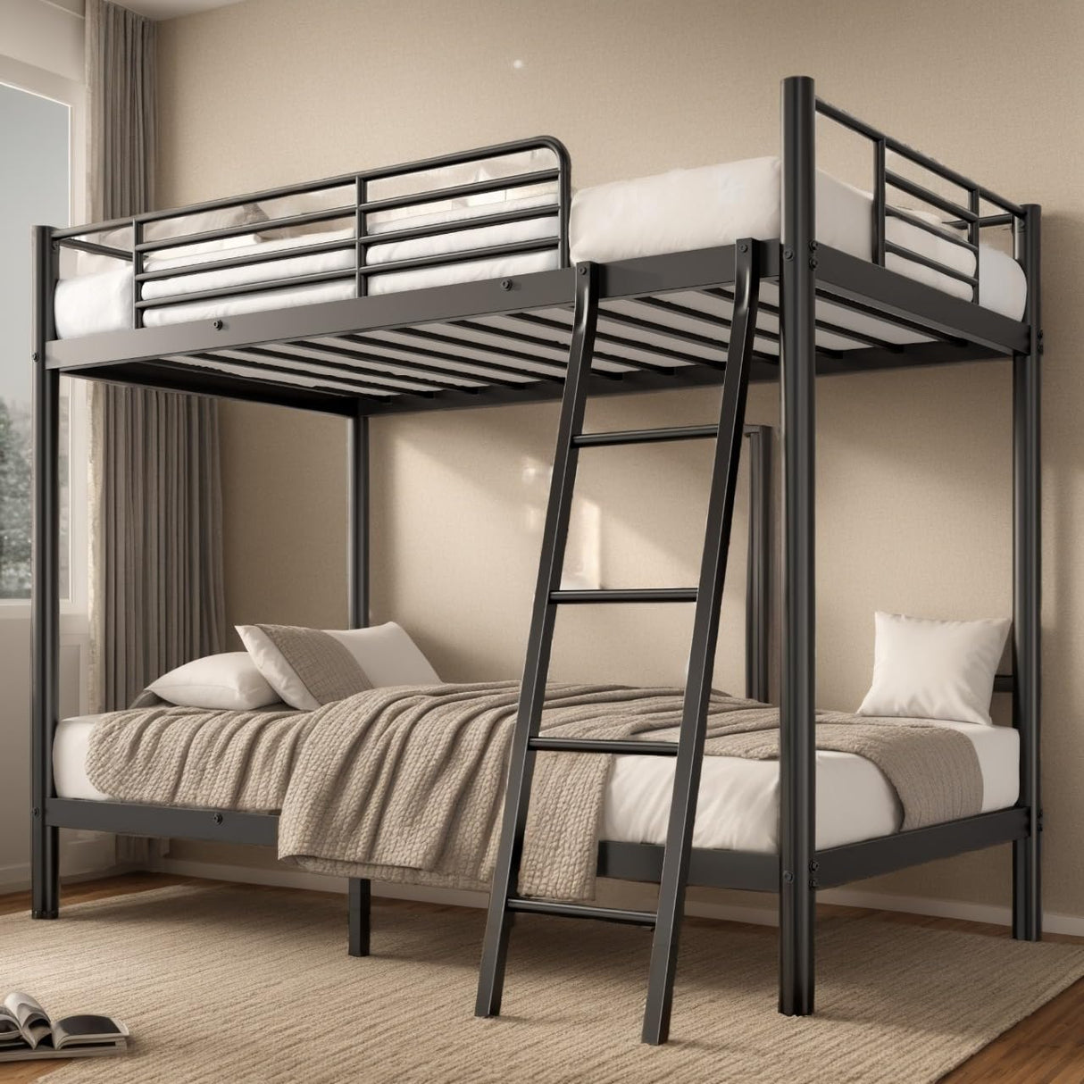 soges Twin Over Twin Metal Bunk Bed with Ladder & Guardrail, Heavy Duty Metal Bed Frame for Teens Adults, Black soges