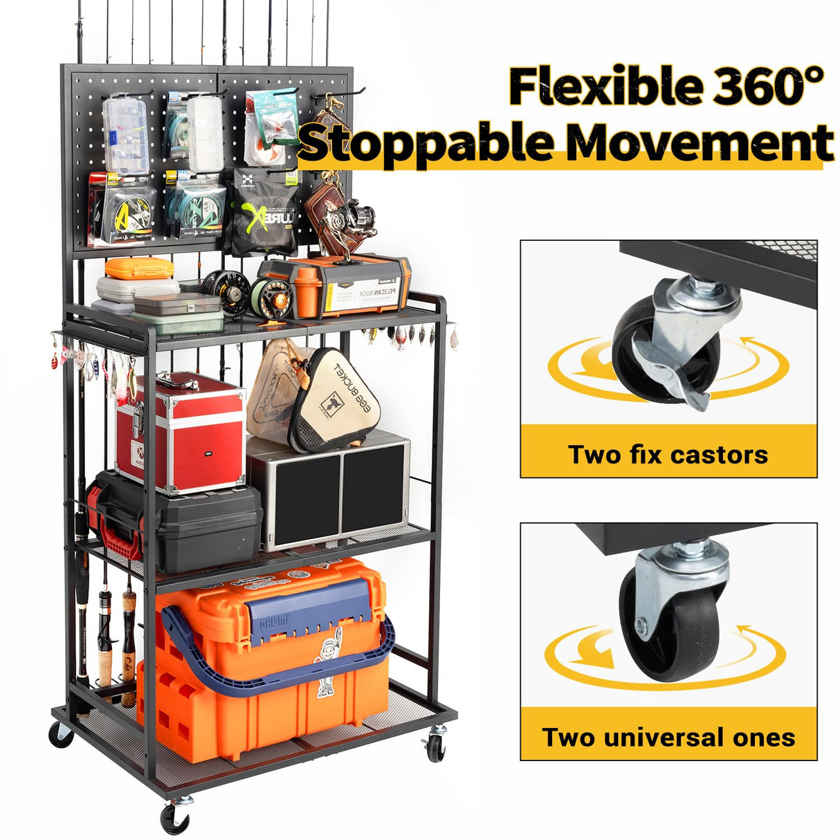 SOYEEZE Large Size Fishing Rod Holders for Garage, 3-Tier Fishing Pole Rack with Pegboard and Hooks, Fishing Gear Tackle Box Organizer Up to 12 Rods, Rolling Fishing Storage Cart with Lockable Wheels SOYEEZE