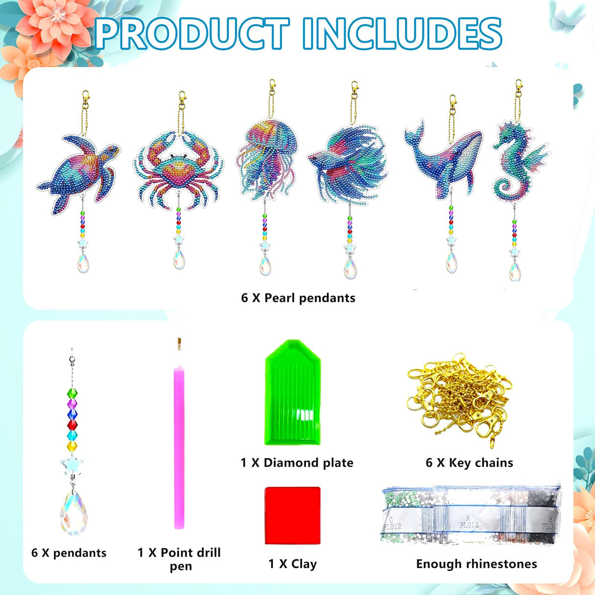 JeCuiK 6 Pcs Ocean Diamond Art Kits for Adults Diamond Painting Wind Chimes Sea Animal Diamonds Painting Suncatcher Double Sided Small Diamond Painting Kits Best Gifts for Mom JeCuiK