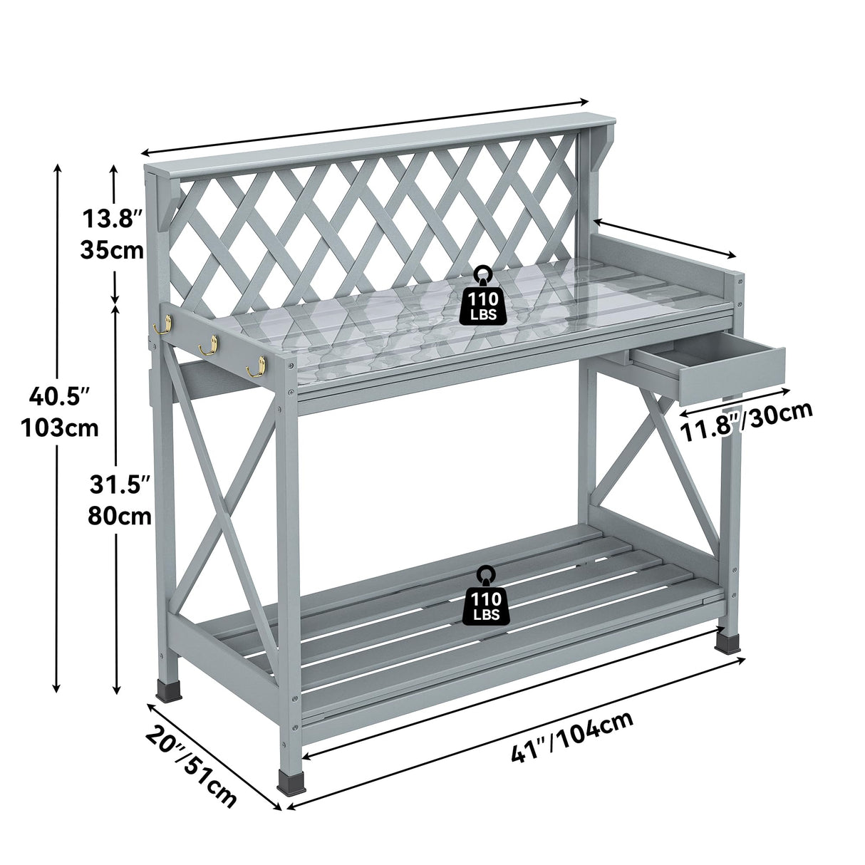 YITAHOME Potting Bench Table, Outdoor Garden Work Bench Station Table w/Drawer, Open Shelf, Hook, PVC Waterproof Mat (Grey) YITAHOME