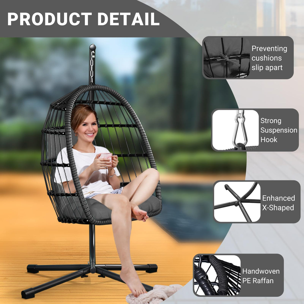 CHABATREE Egg Chair with Stand,Patio Rattan Wicker Hanging Swing Egg Chair Hammock Chair for Bedroom Porch Garden,Thickened Aluminum Alloy Steel Frame and UV Resistant Cushion,350LBS Capacity CHABATREE