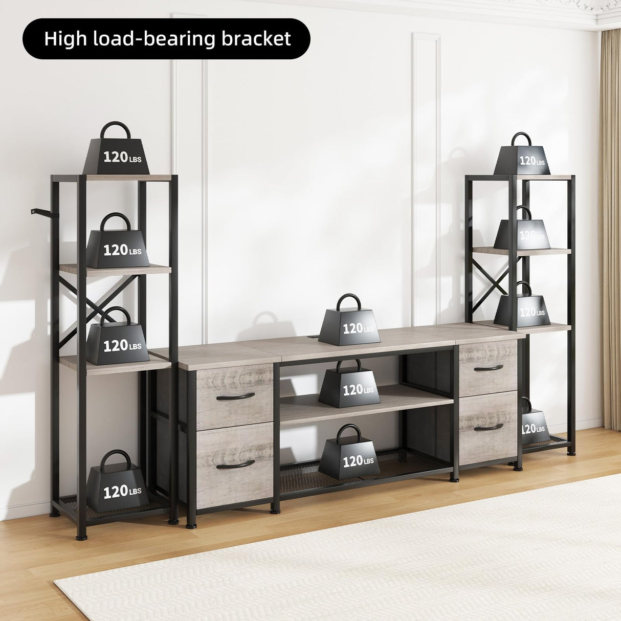 Yenlure LED TV Stand 60 Inch for Living Room with Charging Station, Entertainment Center with 2 Industrial Bookshelves, Modern Console Cabinet with Storage Drawers (Greige) Yenlure