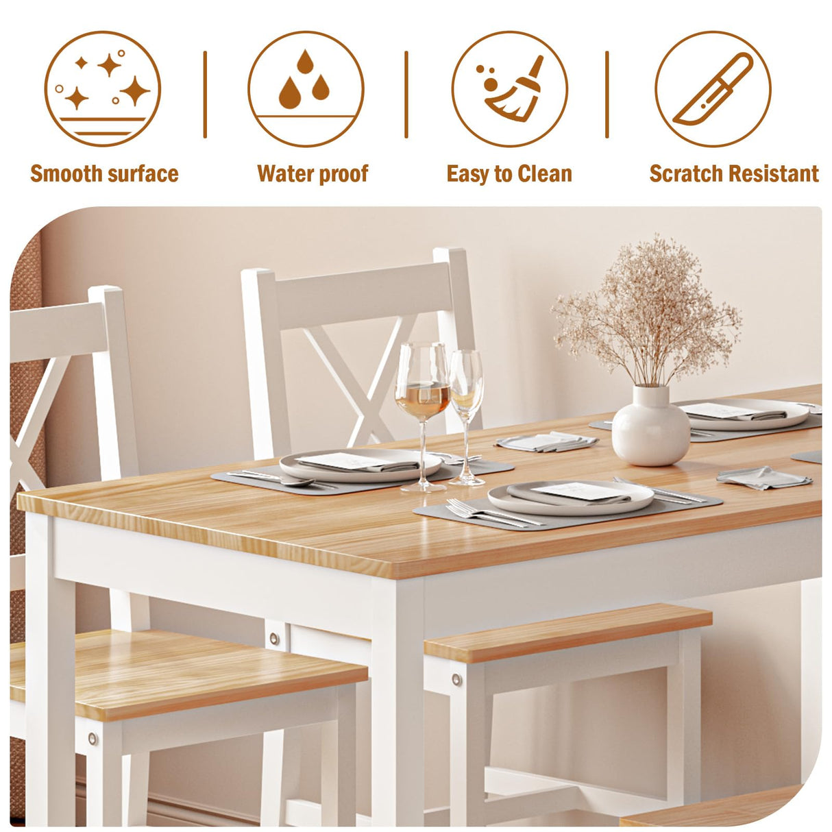 SogesHome 5-Pieces Dining Table Set, Kitchen Table and 4 Chairs for Home, Kitchen Dining Room Table Set for Home, Restaurant, Oak&White SogesHome