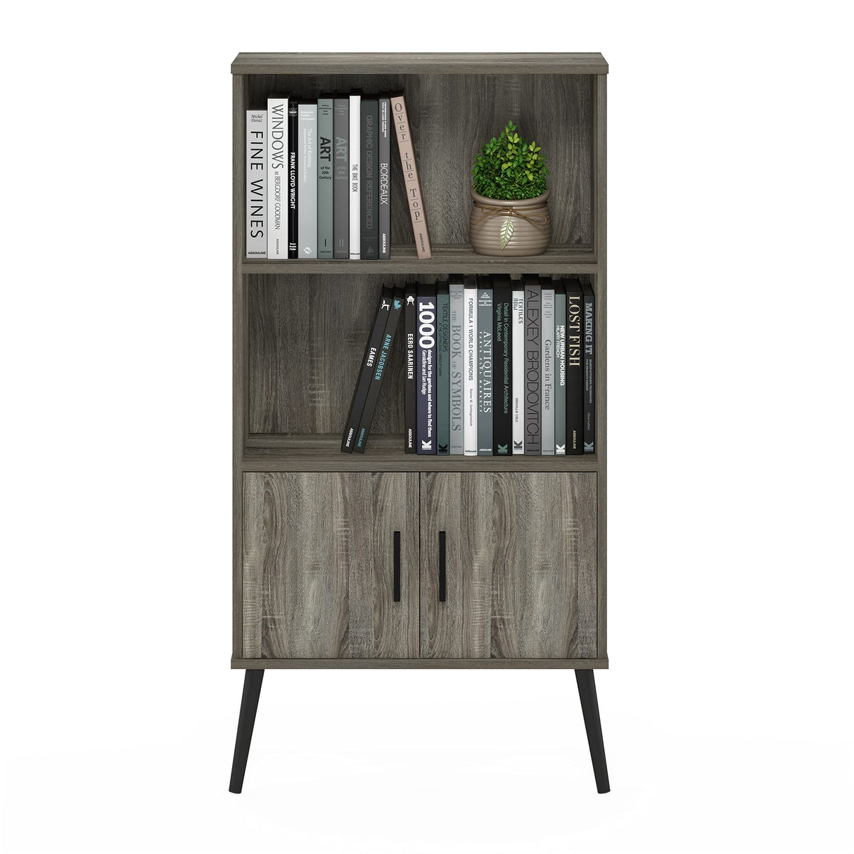 Furinno Claude Mid Century Style Accent Wooden Leg Bookcase Cabinet with Storage Organizer Shelves, French Oak Grey Furinno