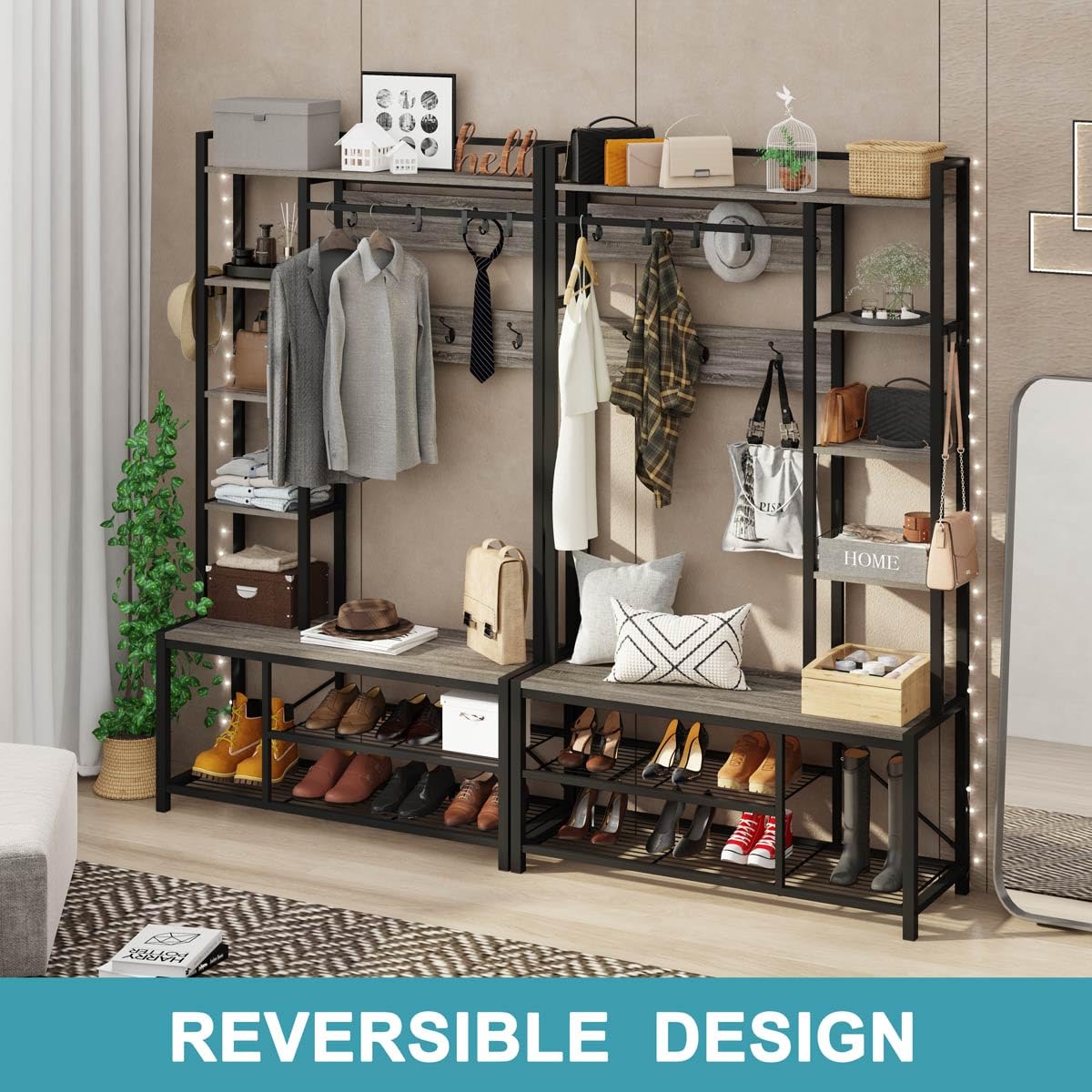 BON AUGURE Industrial Hall Tree with Bench and Shoe Storage, Grey Entryway Bench with Coat Rack, Wooden Metal Coat Tree with Hooks, 5 In 1 Multifunctional Shoe Bench and Wall Rack (Dark Gray Oak) BON AUGURE