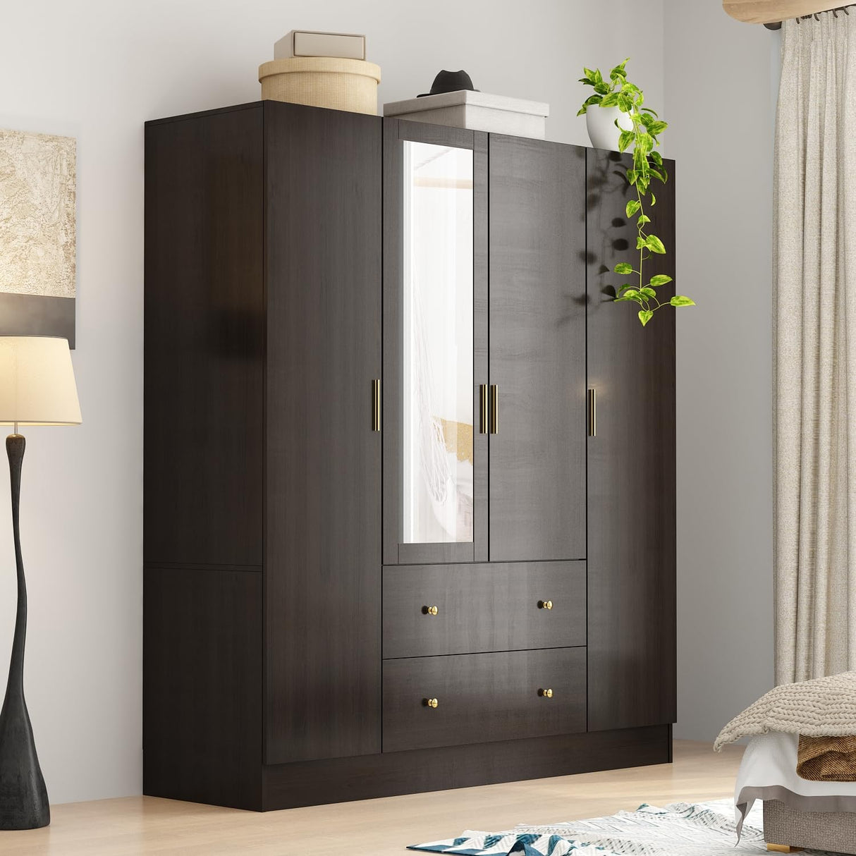 WOODTIME 4-Door Armoire Wardrobe Closet with Mirror, 63" L Modern Wooden Bedroom Armoire with 2 Drawers, 2 Hanging Bars & 7 Shelves, Black Brown WOODTIME