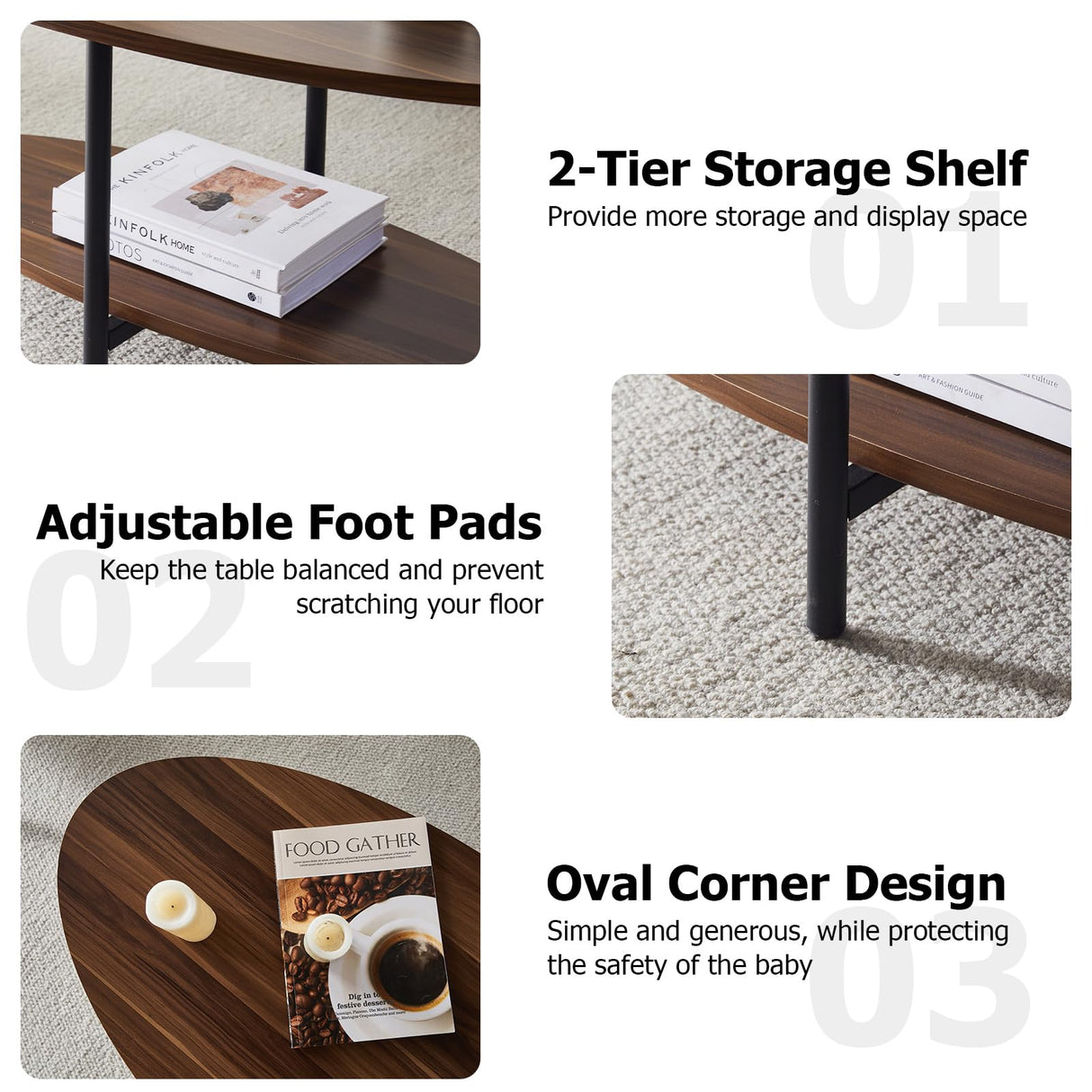 TUKAILAi Oval Coffee Table with Open Storage Shelf, 2-Tier Wooden Tea Table with Adjustable Feetpad, Industrial Center Table with Cross Metal Legs for Living Room, Bedroom, Lounge (Rustic Brown) TUKAILAi