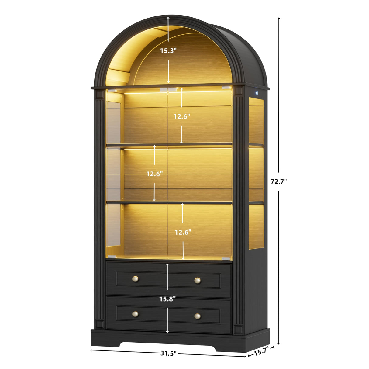 PAKASEPT 73'' Tall Arched Display Cabinet with Glass Doors,4-Tier Curio Cabinet with LED Lights for Collectibles Bookcase,Farmhouse Bookshelf China Storage Kitchen Pantry for Living Room,Black PAKASEPT