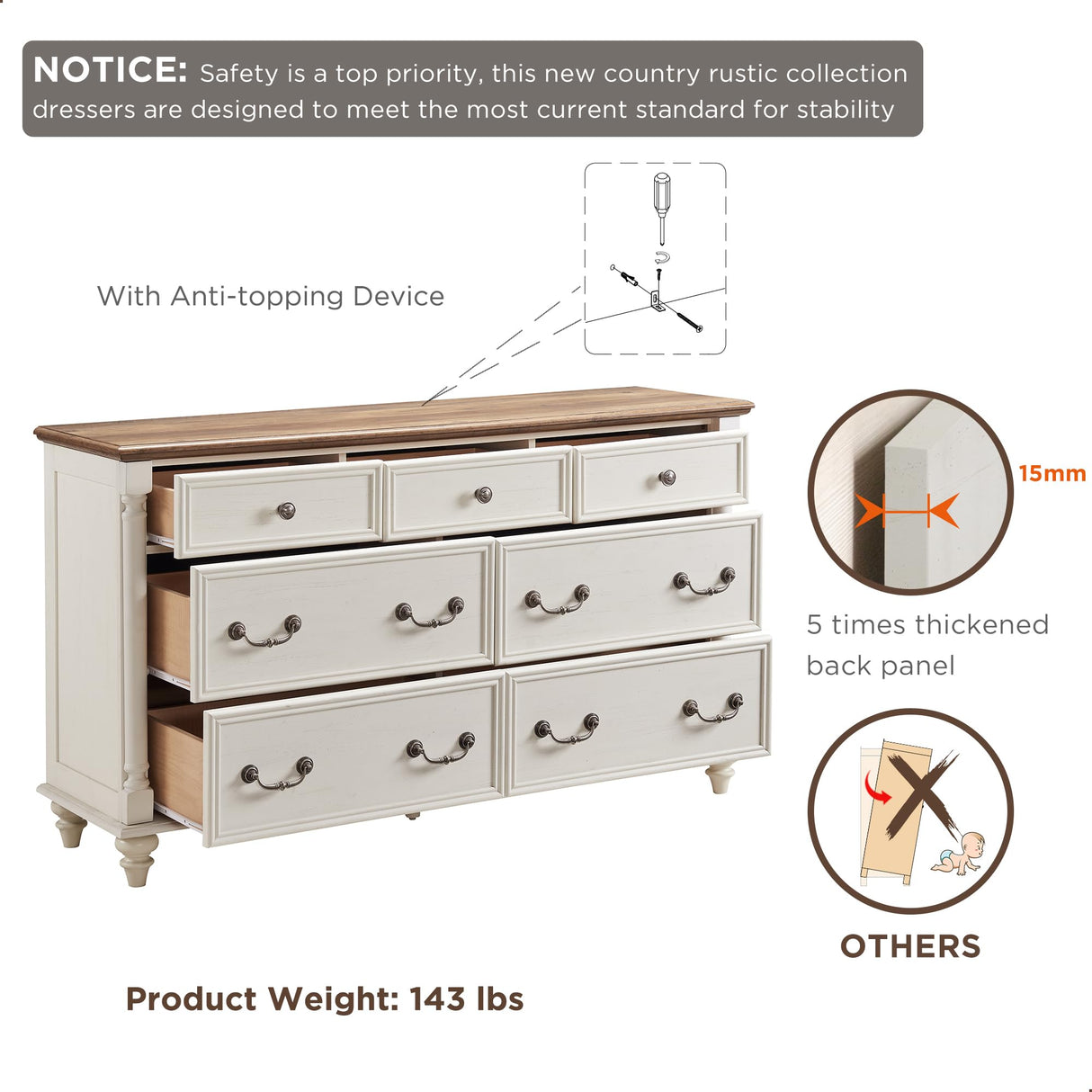 T4TREAM Farmhouse 7 Drawers Dresser Chests for Bedroom w/ 4 Solid Wood Feet & Column Decor, Tall Wide Wood Country Rustic Chest of Drawers, Storage Dressers for Bedroom, Living Room, Antique White T4TREAM