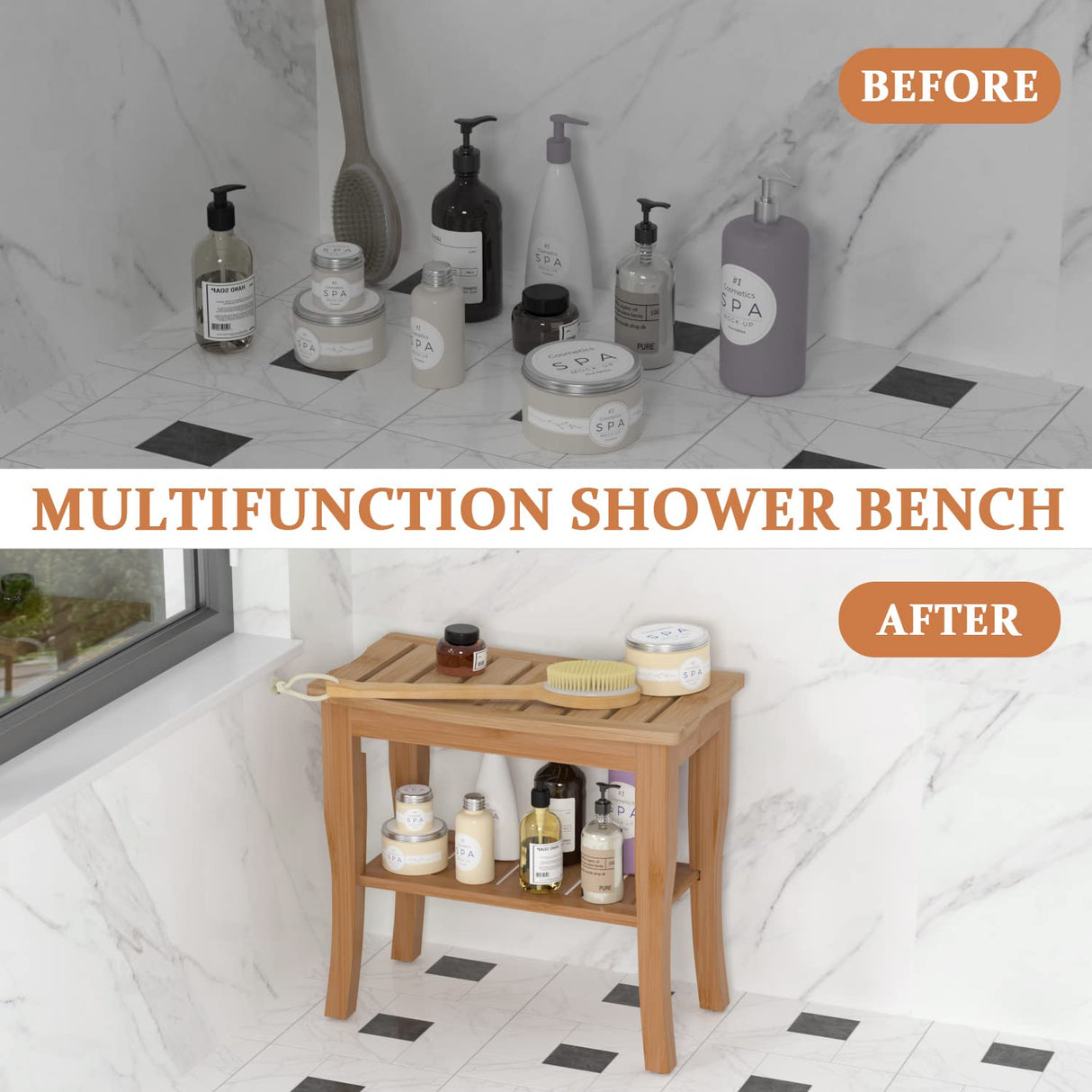 Domax Bamboo Shower Benches for Inside Shower - Bathroom Bench Seat Waterproof Wooden Shower Stool with Storage Shelf for Adults Elderly Seniors Wood Shower Chair for Bathtub or Small Spaces (Walnut) Domax