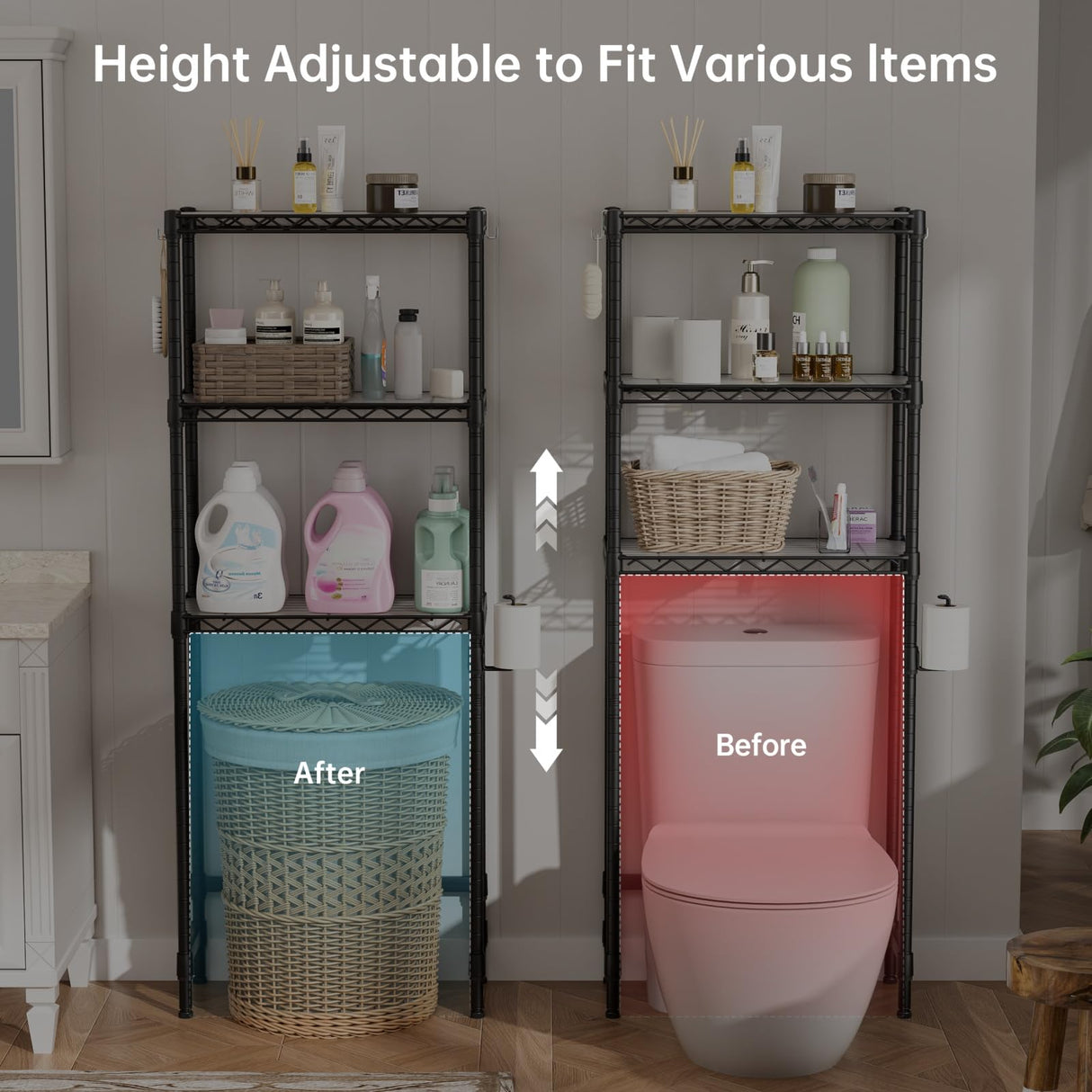 SINGAYE Over-The-Toilet Storage Rack 3-Tier Bathroom Organizer and Storage Shelf Over Toilet with Adjustable Shelf and Basket Freestanding Space Saver Bathroom Shelves Above Toilet for Room Black SINGAYE