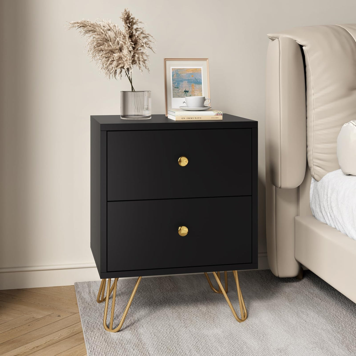 Tradare 7 Drawer Dresser and Nightstand Set of 2, Modern Black and Gold Dresser Set with Golden Handles, 2-Drawer Nightstand & 7-Drawer Chest of Drawers Tradare