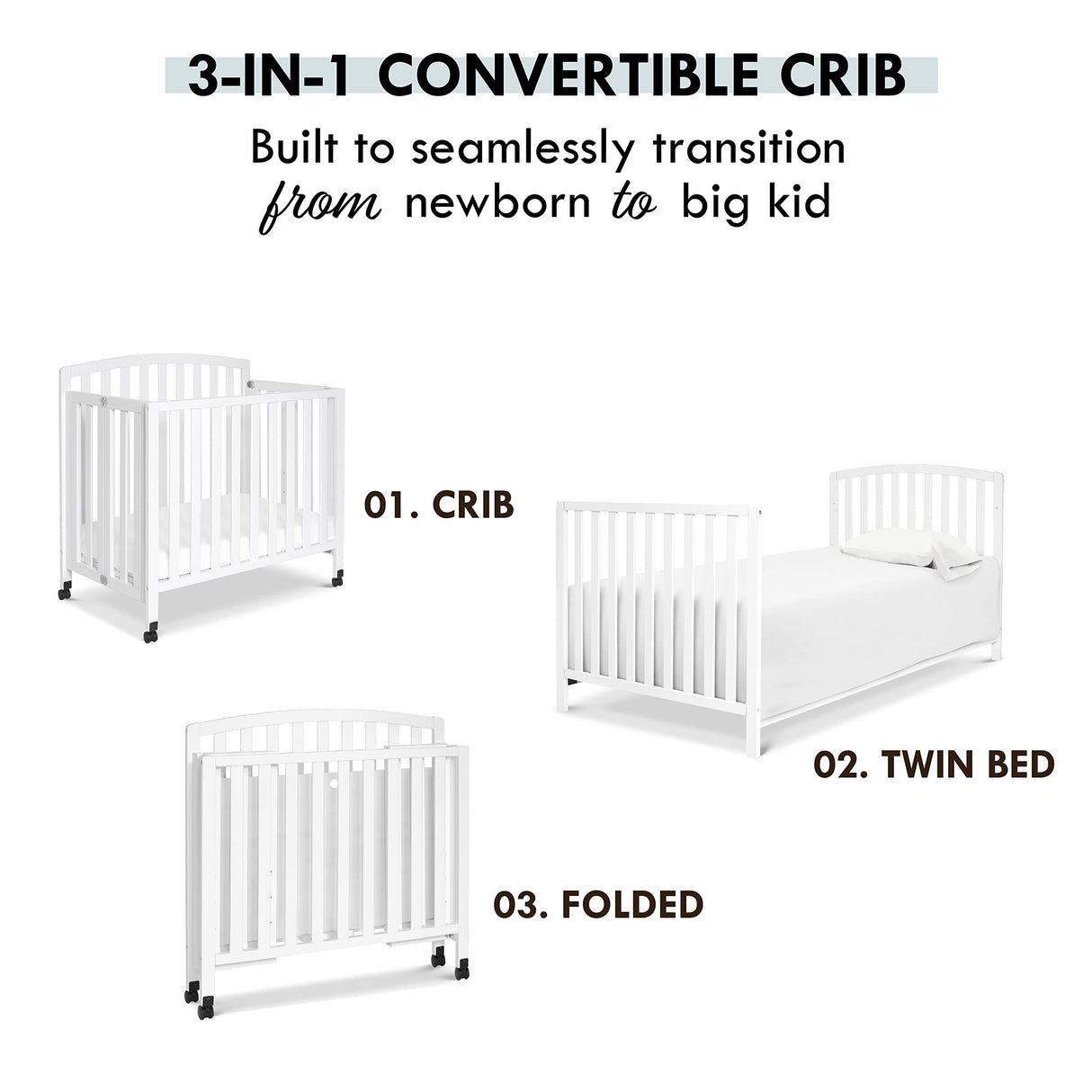 DaVinci Dylan Folding Portable 3-in-1 Convertible Mini Crib and Twin Bed in White, Greenguard Gold Certified DaVinci