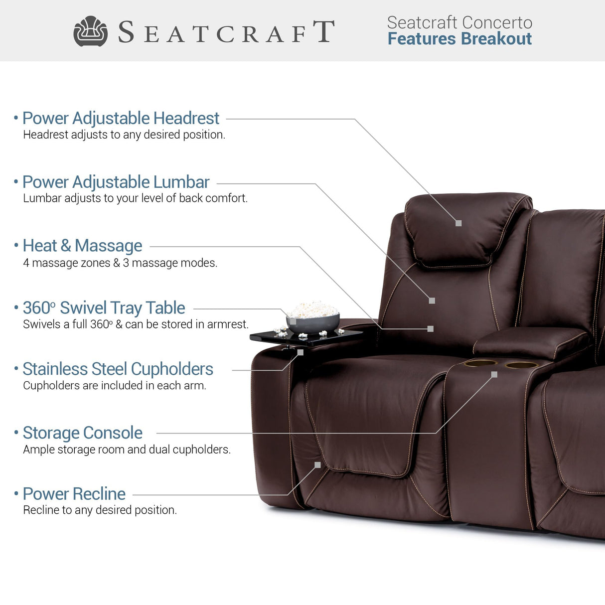 Seatcraft Concerto Heat & Massage, Italian Leather Loveseat w/Storage Console, Power Headrest, Power Recline, Brown Seatcraft