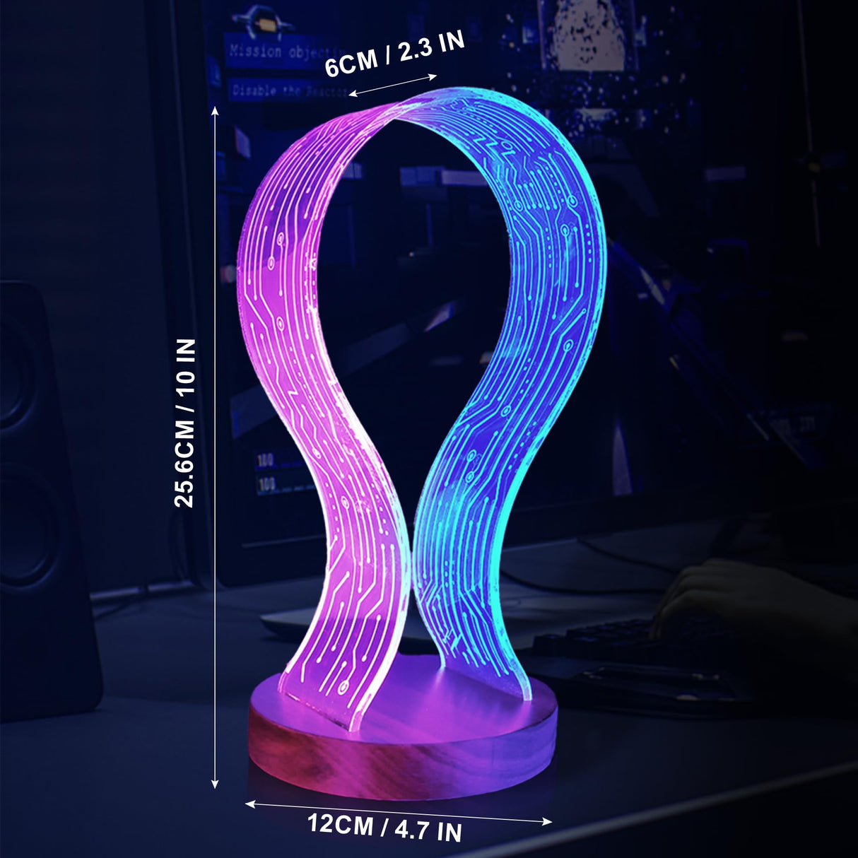 Lampeez Headphone Stand Headset Holder with Blue Pink LED Night Light Walnut Wood for Gamers, Music Lovers Gift Idea Lampeez