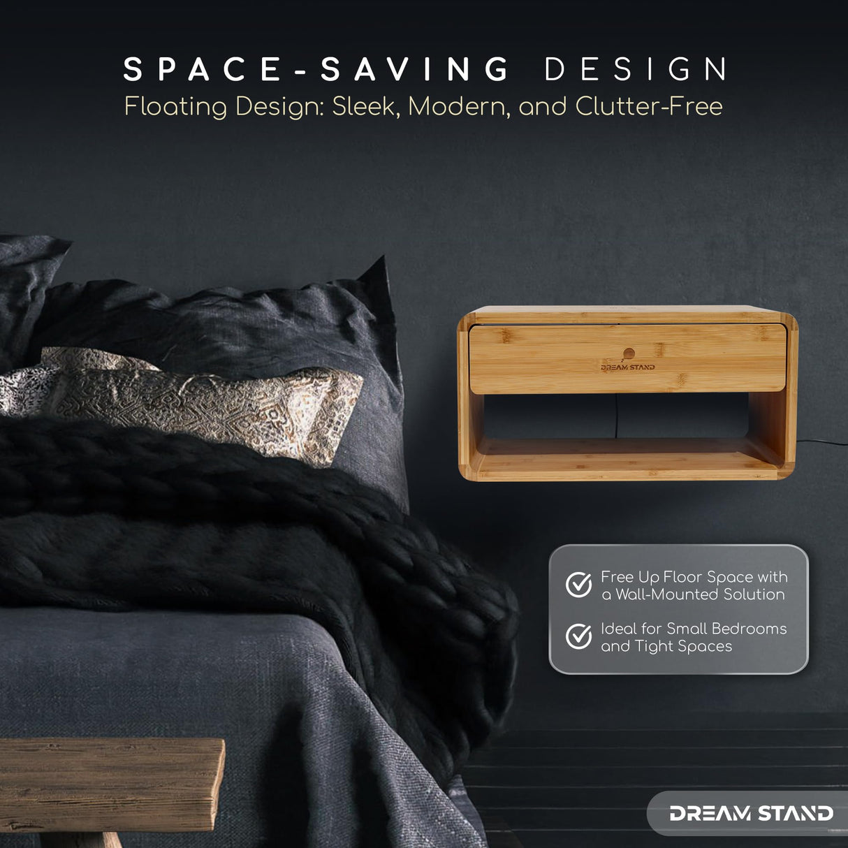 Floating Nightstand with Drawer & Charging station/Wall Mounted Bedside Table, Floating Shelf Nightstands for Small Spaces/Modern Bamboo Wall Mounted Night stand for Bedroom & Living Room/Easy Install Generic