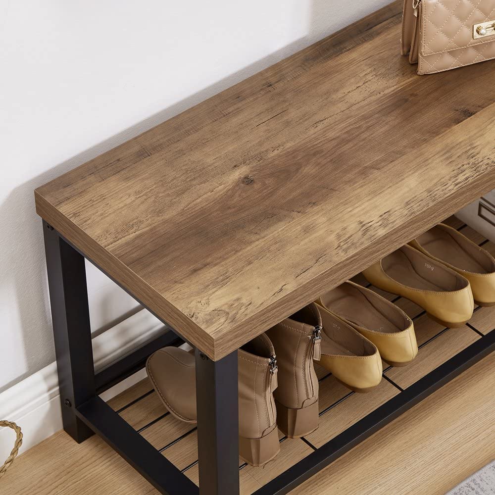 FOLUBAN Entryway Bench, Modern Shoe Storage Bench, Rustic Wood and Metal Entry Bench for Hallway Front Door Entrance, Industrial Indoor Bench for Bedroom Living Room, Oak, 43.3 Inch FOLUBAN