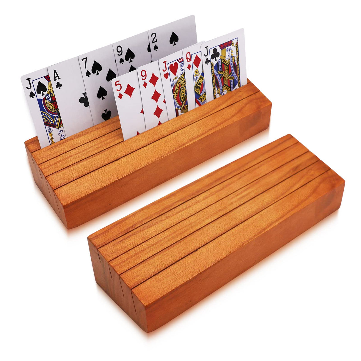 Iswabard Card Deck Stand Set of 2 Playing Cards Holder for Kids Elder Wood Racks Tray for Organizing on Game Bridge Adults Canasta Uno Skipbo 5 Crowns(orange) Iswabard