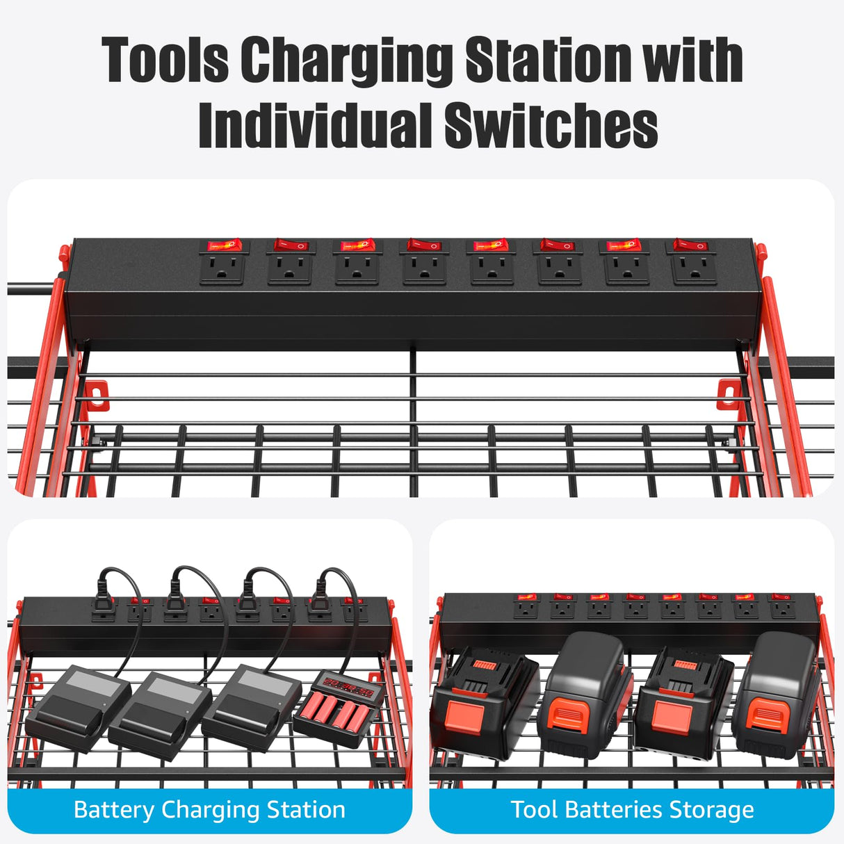 CCCEI Red Power Tool Organizer Wall Mount, Large Tools and Battery Storage Rack Charging Station Individual Switches. Drills Holder, Garage Utility Shelves with 6FT Power Strip. Gift for Men. CCCEI